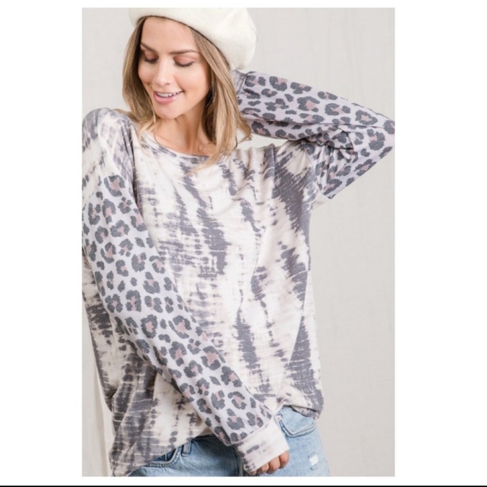 First Love Neutral Tie-Dye Leopard Print Long Sleeve Top